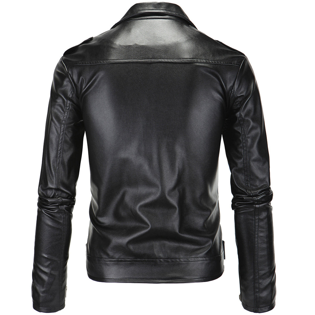 Stand Collar Cut Diagonal Zip Leather Jacket Image 3