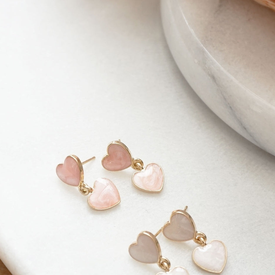 Creamy Heart Drop Earrings Marbled Peachy Pink and Milky White Double Hearts Dangle Earrings Kawaii Heart Earrings Image 2