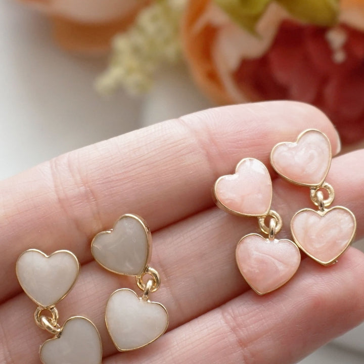 Creamy Heart Drop Earrings Marbled Peachy Pink and Milky White Double Hearts Dangle Earrings Kawaii Heart Earrings Image 3