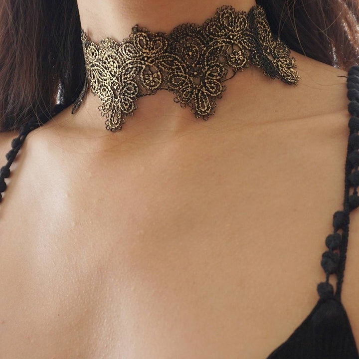 Reversible Gold Trim Wide Black Lace Choker Thick Floral Intricate Lace Choker Gothic Victorian Lace Choker Necklace Image 1