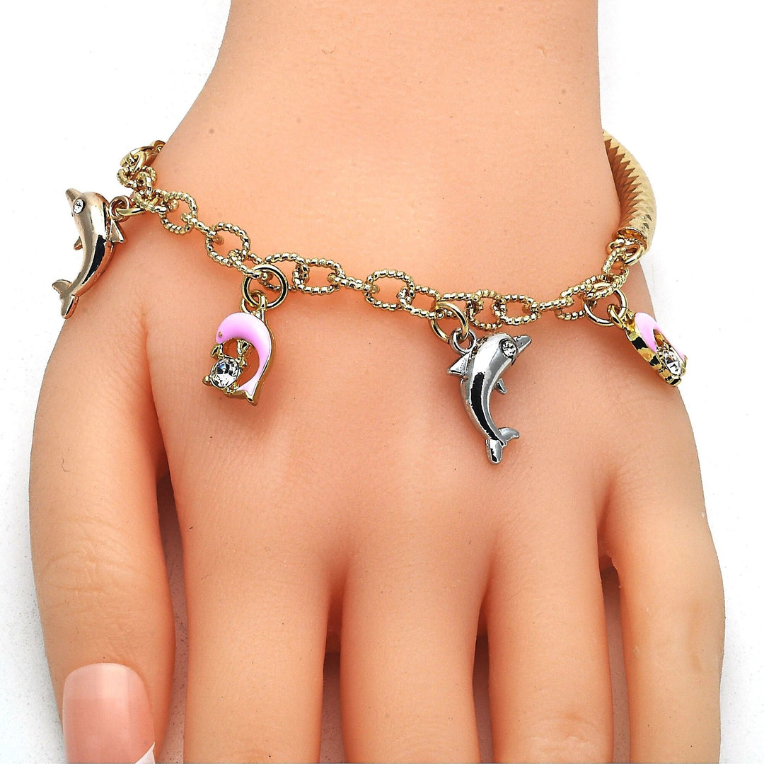 Gold Filled Charm Bracelet Dolphin and Hollow Design with Crystal Tri Tone Image 3