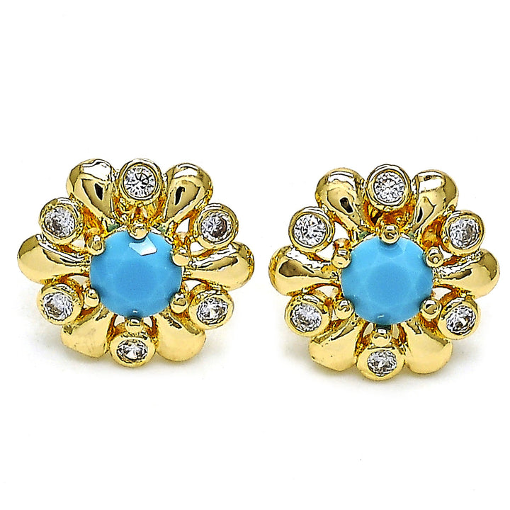 14K Gold Filled High Polish Finsh Stud Earring Flower Design With Opal and Cubic Zirconia Golden Tone Image 1