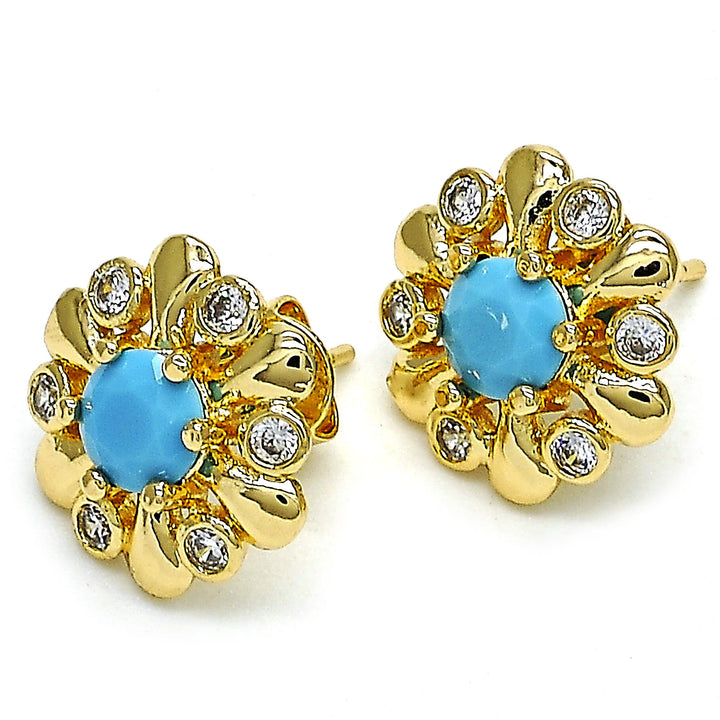 14K Gold Filled High Polish Finsh Stud Earring Flower Design With Opal and Cubic Zirconia Golden Tone Image 2