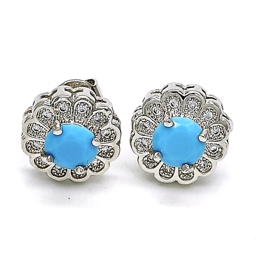 RHODIUM Filled High Polish Finsh TURQUOISE FLOWER STUD EARRING WITH MICRO PAVE Image 1