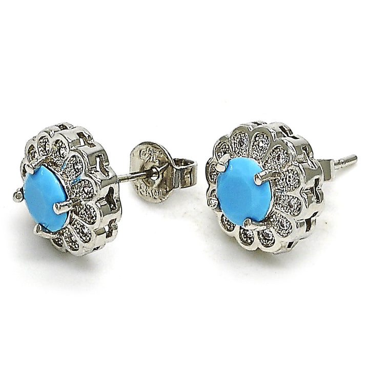 RHODIUM Filled High Polish Finsh TURQUOISE FLOWER STUD EARRING WITH MICRO PAVE Image 2