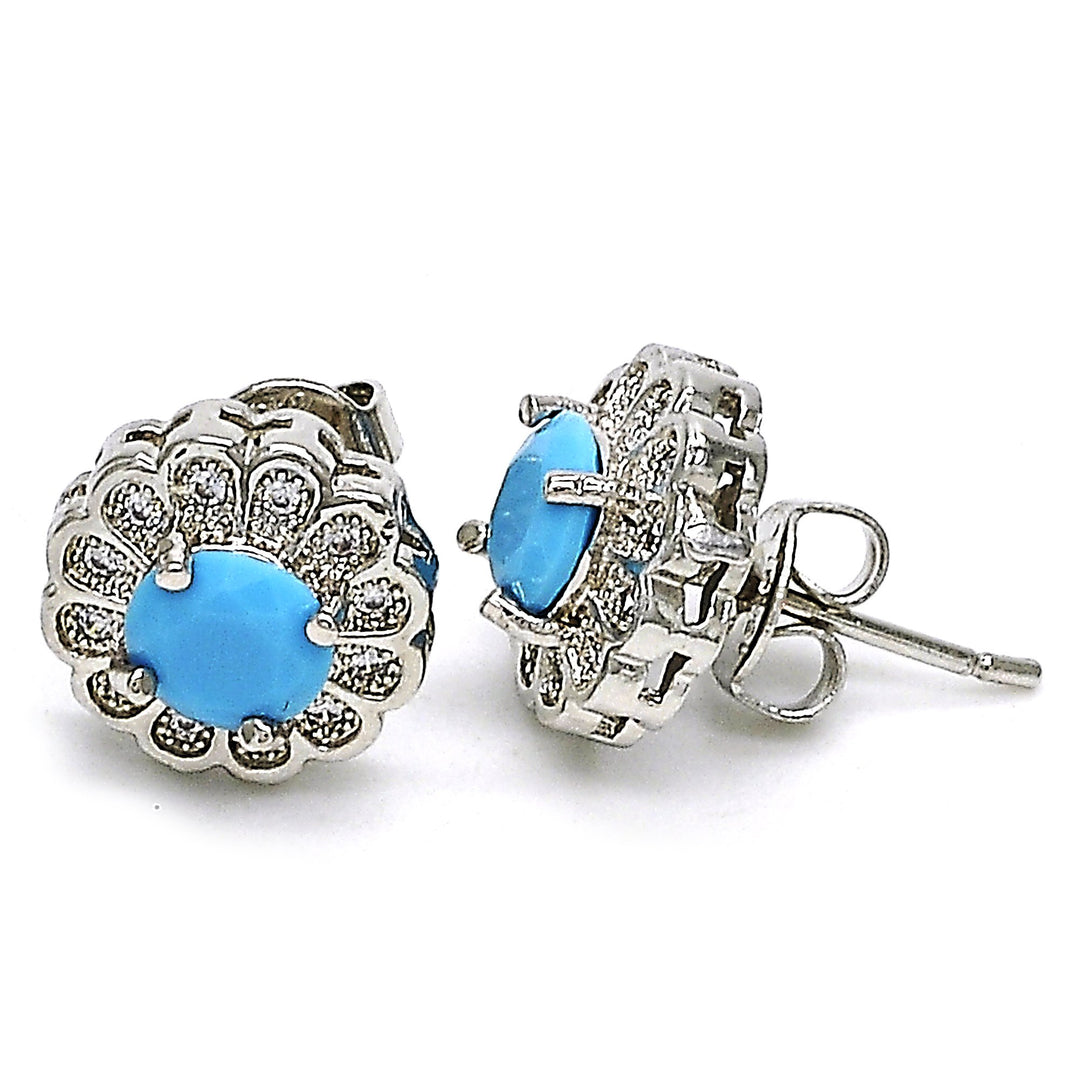 RHODIUM Filled High Polish Finsh TURQUOISE FLOWER STUD EARRING WITH MICRO PAVE Image 3