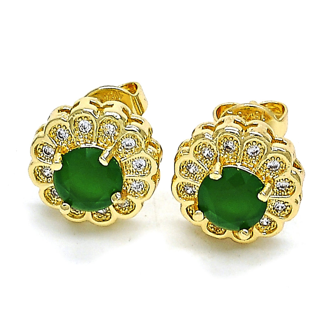 14K Gold Filled High Polish Finsh Emerald Flower Stud Earring With Micro Pave Image 1