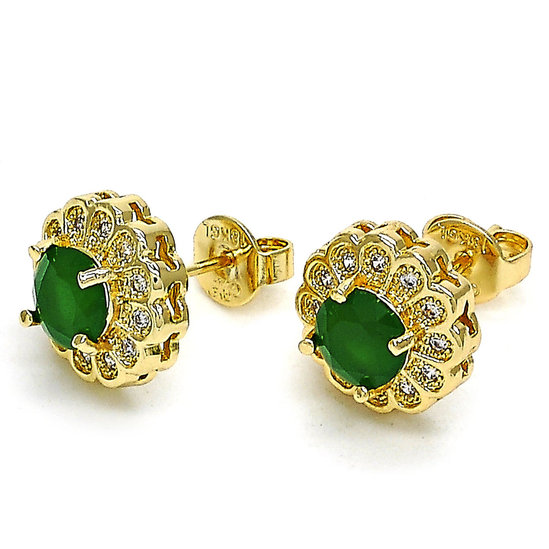 14K Gold Filled High Polish Finsh Emerald Flower Stud Earring With Micro Pave Image 2