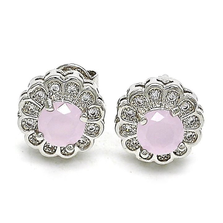 14K Gold Filled High Polish Finsh Rhodium Pink Opal Flower Stud Earring With Micro Pave Image 1