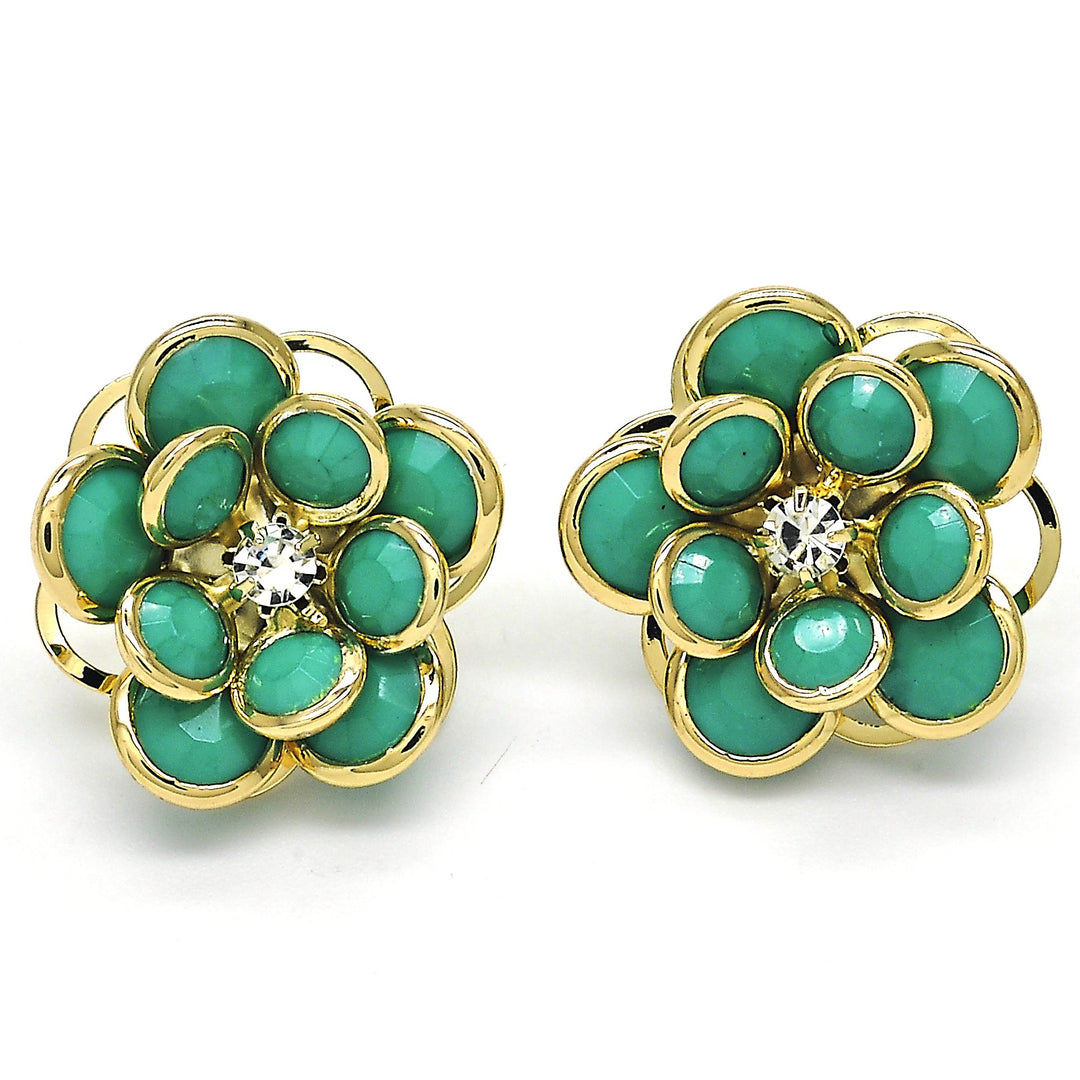 18k Filled High Polish Finsh JADE Hibiscus Crystal Stud Earring 18K gold Image 1