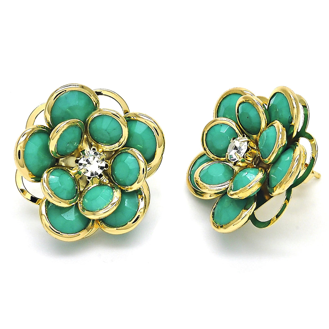 18k Filled High Polish Finsh JADE Hibiscus Crystal Stud Earring 18K gold Image 2