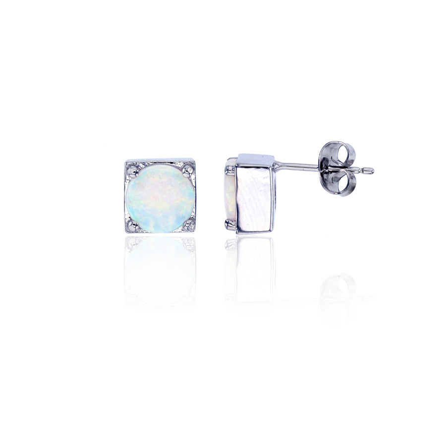 Sterling Silver 8MM Square Stud With7.5MM Round White Opal Post Earring Image 1