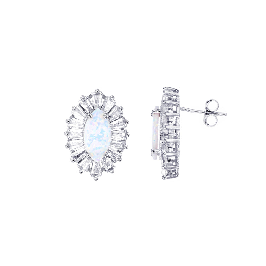 Sterling Silver White Opal Baguette CZ Marquise Shape Post Earring Image 1