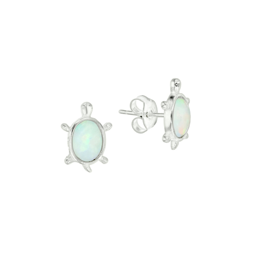 Sterling Silver Rhodium Plated White Opal 5x7MM Oval Turtle Earring Post Earring Image 1