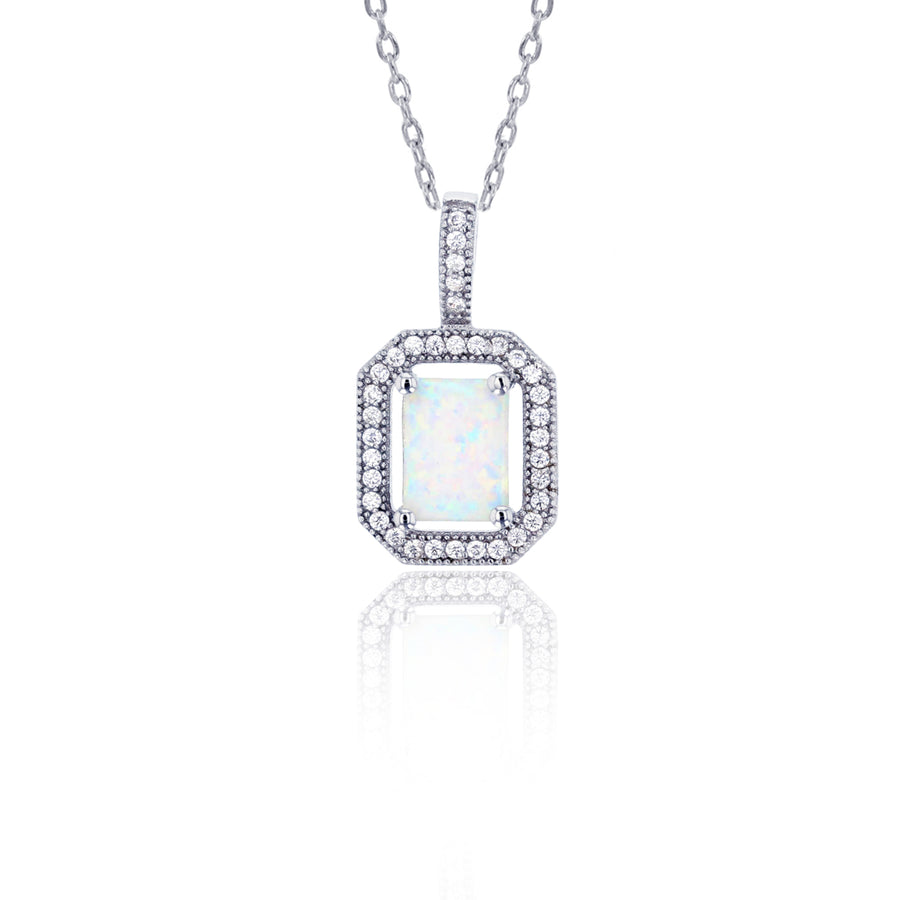 Sterling Silver Rectangular White Opal CZ Pendant with 18" Free Chain Image 1