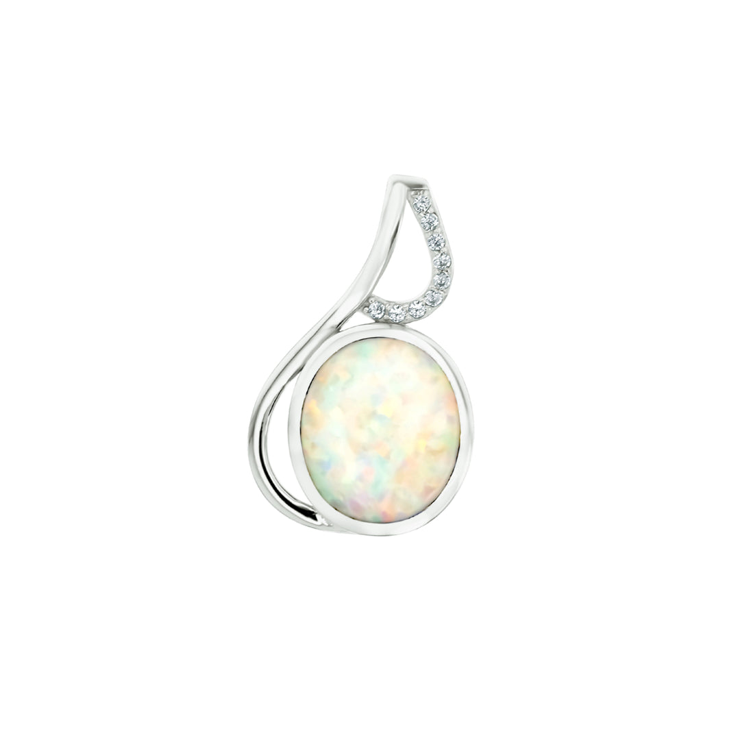 Sterling Silver White Opal Oval Swirl CZ Pendant with 18" Free Chain Image 1