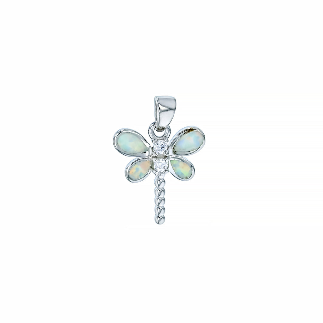 Sterling Silver White Opal Small Dragonfly CZ Pendant with 18" Free Chain Image 1