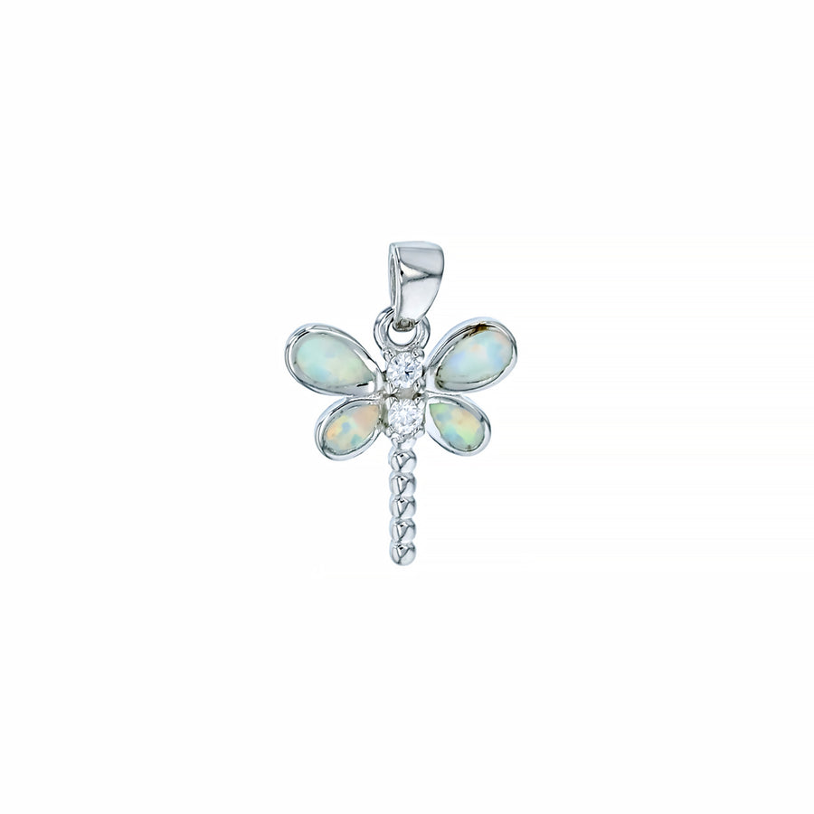 Sterling Silver White Opal Small Dragonfly CZ Pendant with 18" Free Chain Image 1