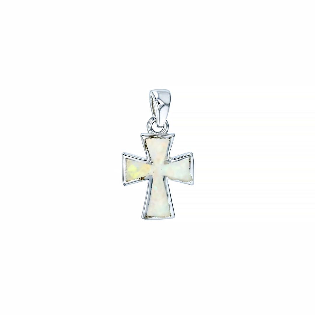 Sterling Silver White Opal Small wide Cross Pendant with 18" Free Chain Image 1