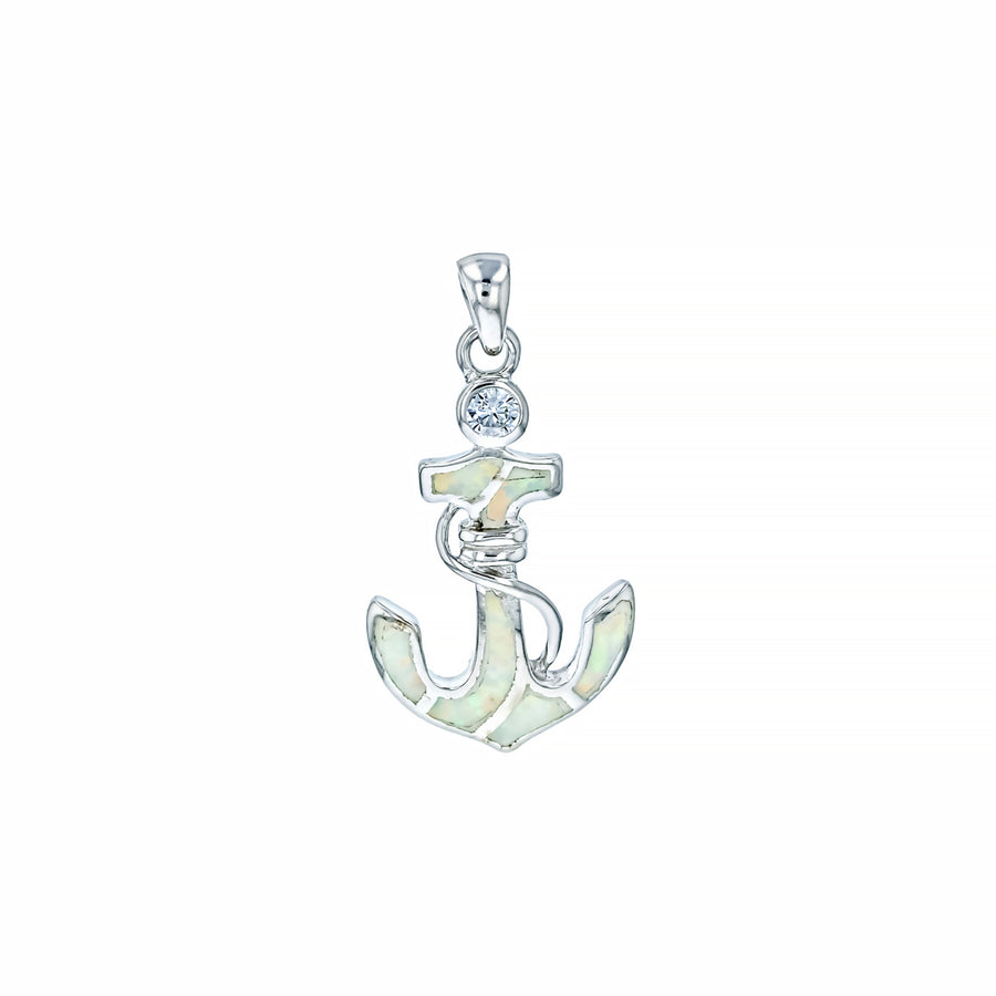 Sterling Silver White Opal Anchor CZ Pendant with 18" Free Chain Image 1