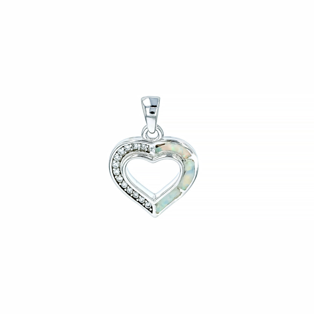 Sterling Silver White Opal Cutout Heart Half CZ Pendant with 18" Free Chain Image 1