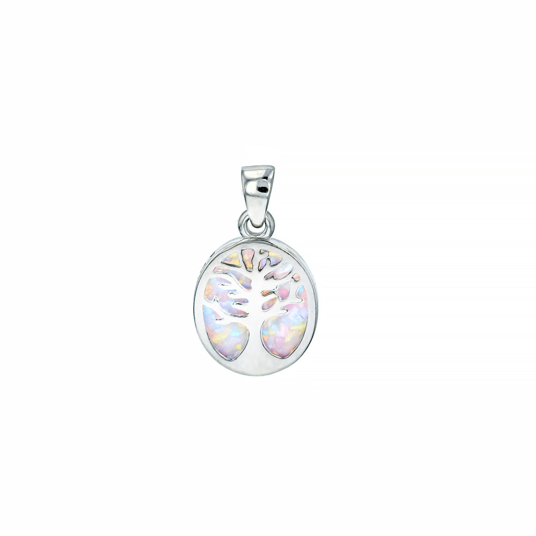 Sterling Silver White Opal Small Oval Tree of Life Pendant with 18" Free Chain Image 1