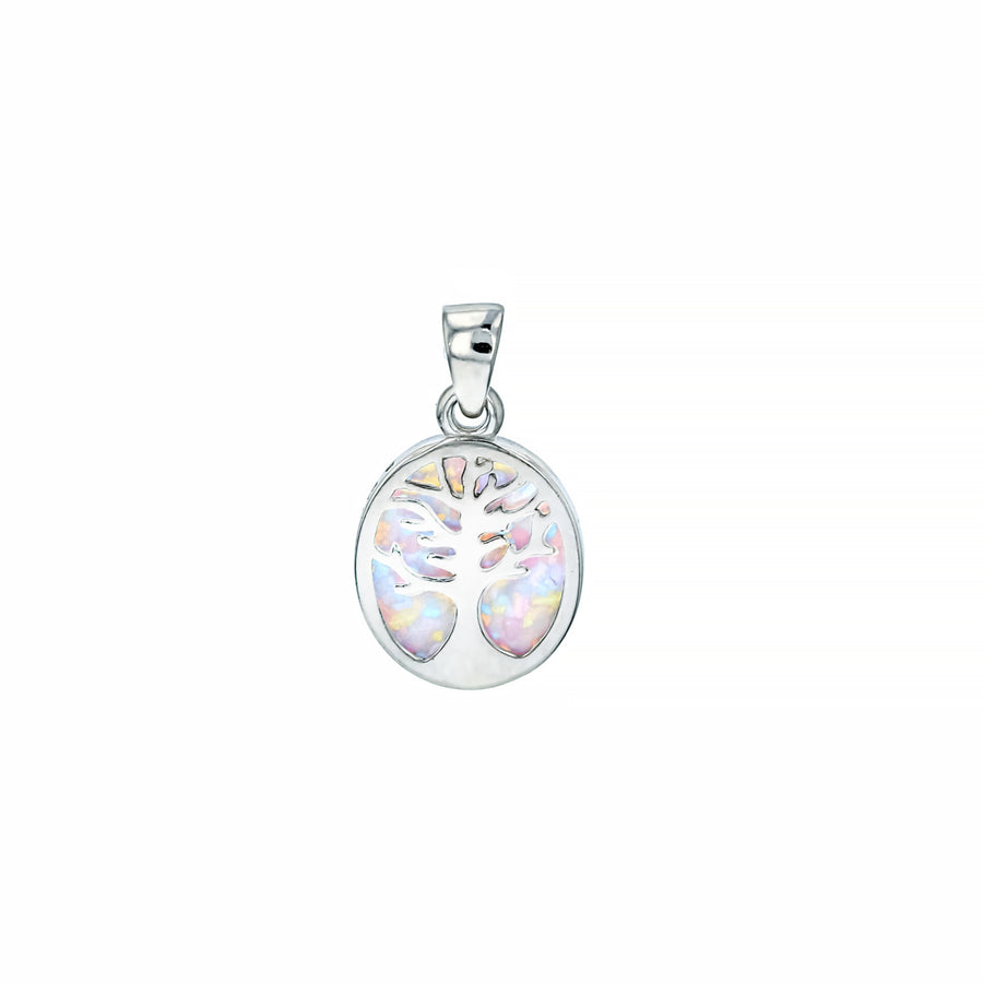 Sterling Silver White Opal Small Oval Tree of Life Pendant with 18" Free Chain Image 1