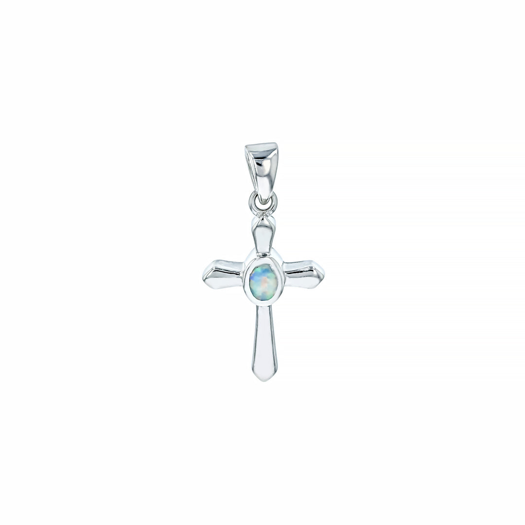 Sterling Silver White Opal Small Oval Center Stone Cross Pendant with 18" Free Chain Image 1