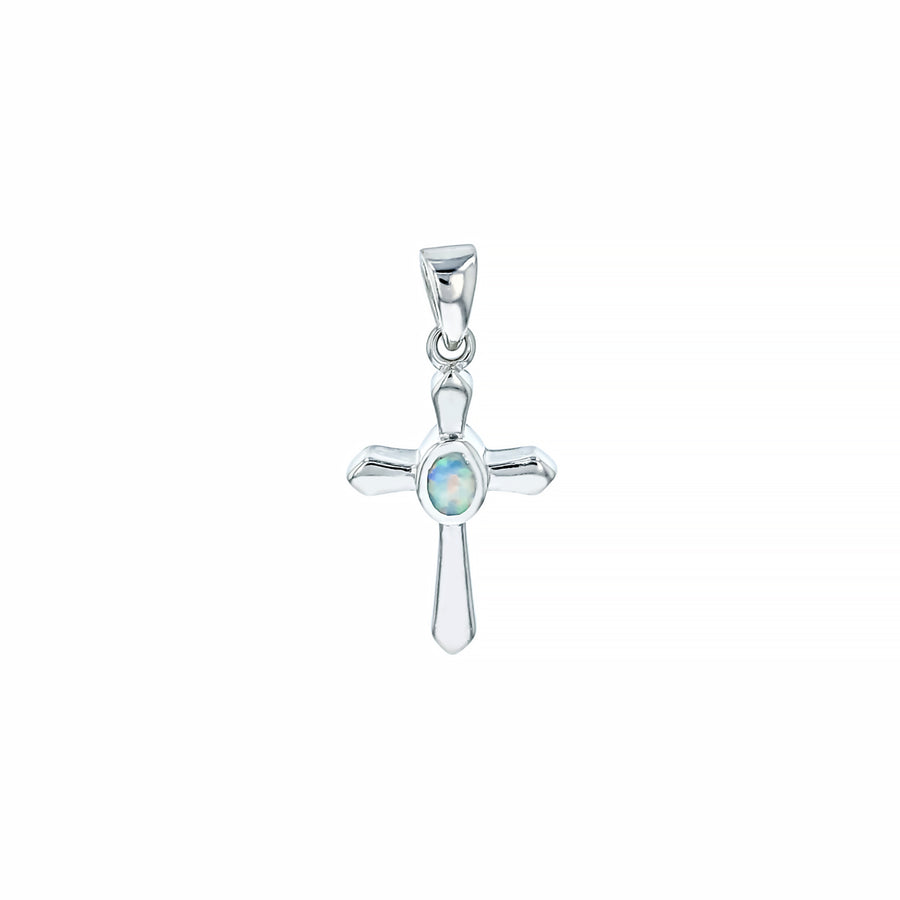 Sterling Silver White Opal Small Oval Center Stone Cross Pendant with 18" Free Chain Image 1