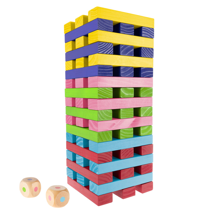 Colorful Nontraditional Giant Wooden Blocks Tower Stacking Game with DiceOutdoor Yard Game Image 1