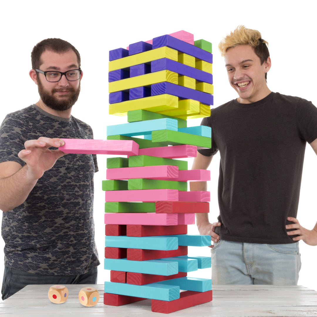 Colorful Nontraditional Giant Wooden Blocks Tower Stacking Game with DiceOutdoor Yard Game Image 6
