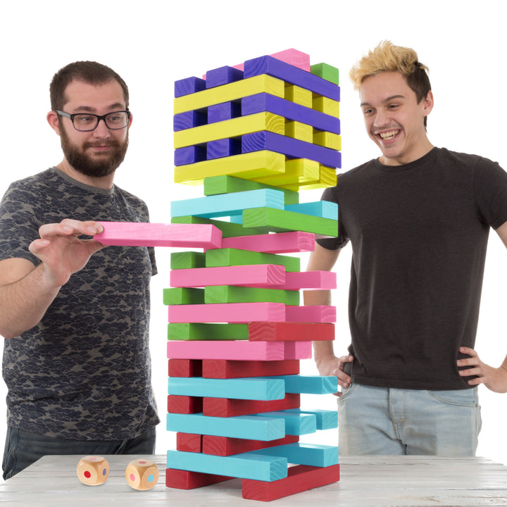 Colorful Nontraditional Giant Wooden Blocks Tower Stacking Game with DiceOutdoor Yard Game Image 6