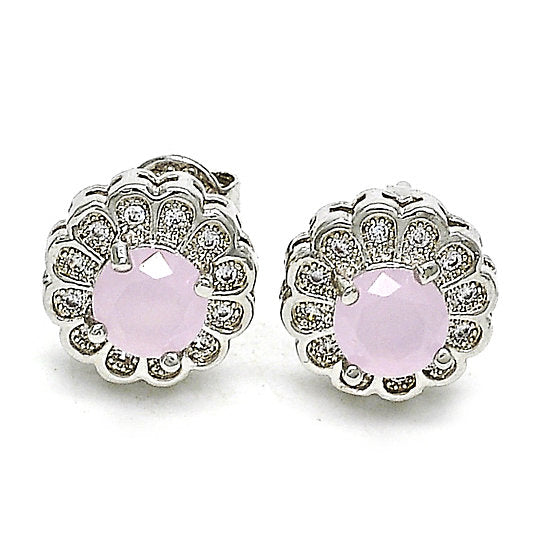 RHODIUM PLATED PINK OPAL FLOWER STUD EARRING WITH MICRO PAVE Image 1