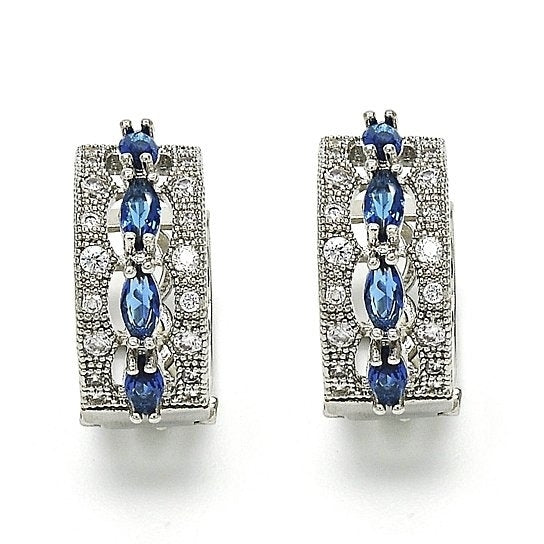 RHODIUM PLATED   Blue OVAL EARRINGS Image 1