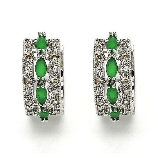 RHODIUM PLATED   Green OVAL EARRINGS Image 1