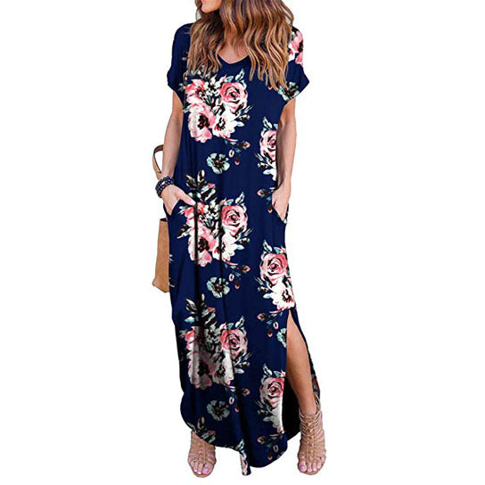 Short Sleeve Back Keyhole Side Slit Maxi Dress Image 1