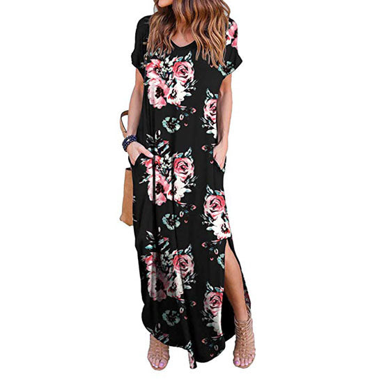 Short Sleeve Back Keyhole Side Slit Maxi Dress Image 2