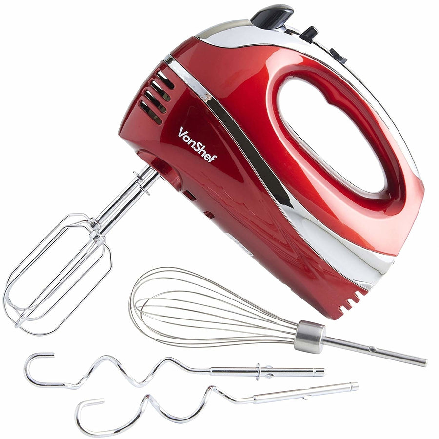 VonShef Electric Hand Mixer Whisk Stainless Steel Attachments5-Speed Turbo ButtonIncludes; BeatersDough HooksBalloon Image 1