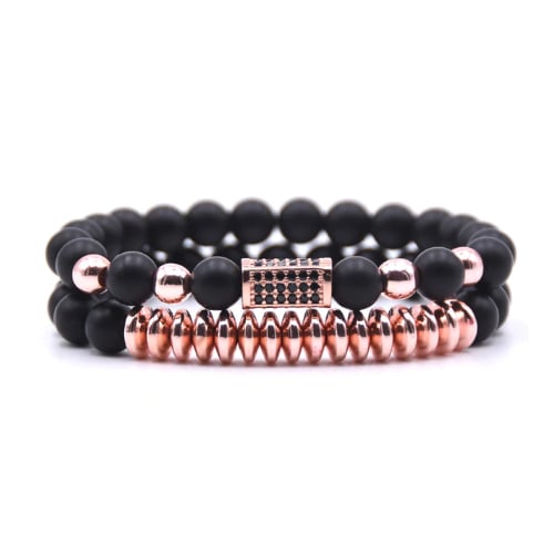 2 Pcs Set MIRCO PAVE CZ RECTANGLE CHARM STRETCH Rose Gold BRACELET WITH MATTE BEADS Image 1