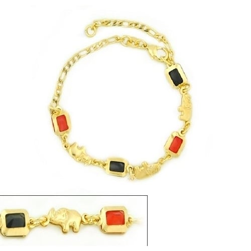 14k Gold Filled Yellow Rectangle Red And Black Elephant Anklet Bracelet 10" Figaro Image 1