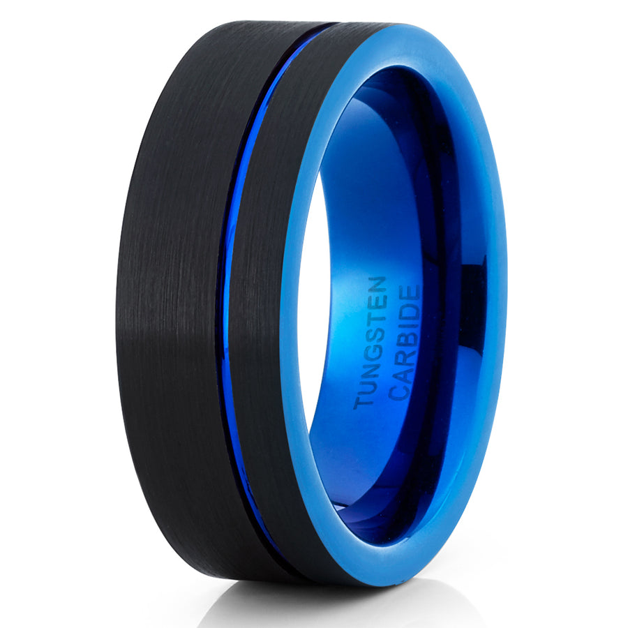 8mm Blue Tungsten Wedding Ring Black Tungsten Ring Anniversary Ring Men and Women Blue Wedding Band Comfort Fit Image 1