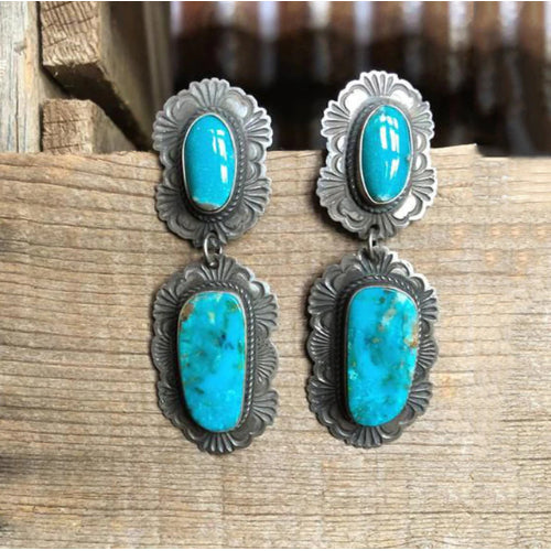 Crafted Silver PlatedGenuine Turquoise Stone Drop Earring Image 1