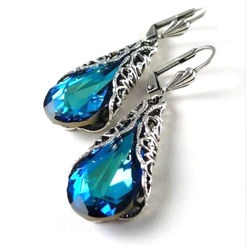 Crafted Silver PlatedElegant Blue Crystal Drop Earring Image 1