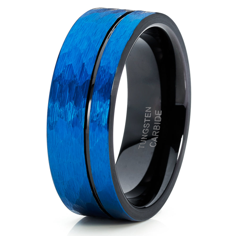Black Tungsten Ring Blue Wedding Ring Tungsten Carbide Ring 8mm Blue Ring Hammered Image 1
