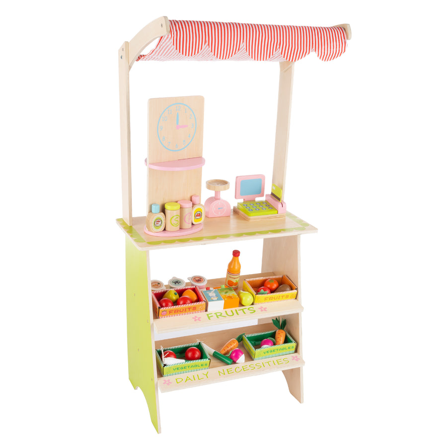 Kids Fresh Market Selling Stand Wooden Grocery Store Playset with Toy Cash RegisterScalePretend Credit Card and 31 Food Image 1