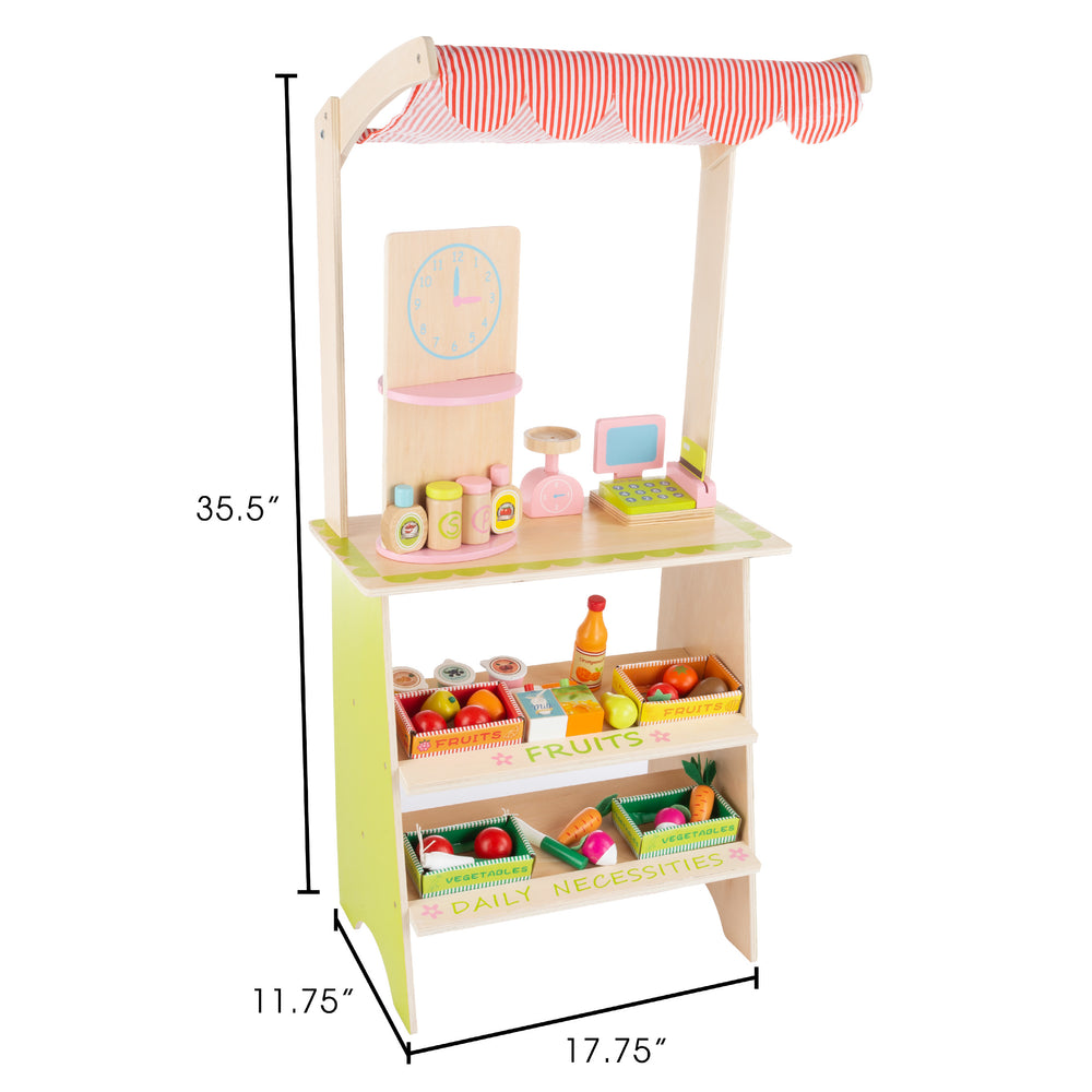 Kids Fresh Market Selling Stand Wooden Grocery Store Playset with Toy Cash RegisterScalePretend Credit Card and 31 Food Image 2
