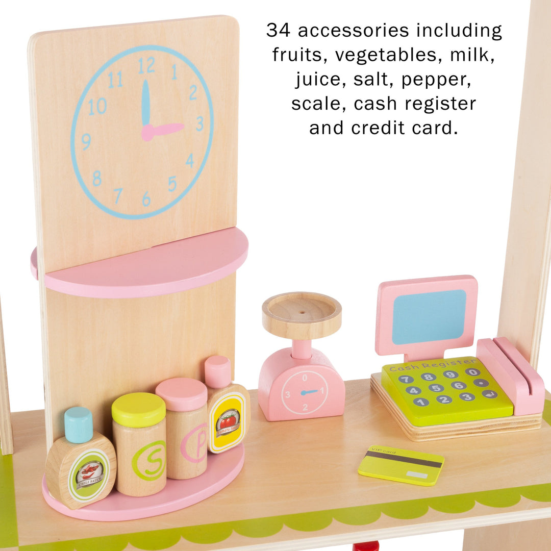 Wooden Grocery Store Playset with Cash Register Scale 31 Food Accessories Kids Image 3