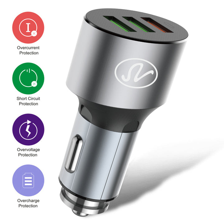 Qualcomm Metallic 2in1 Universal Dual USB Port Travel Car Charger With Type-C USB Cable -Gray Image 2