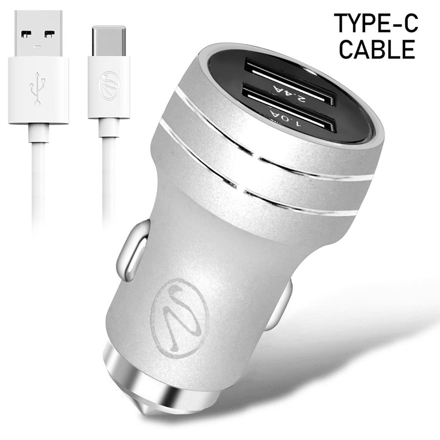 2.4A 2in1 Universal Dual USB Port Travel Car Charger With Type-C USB Cable -Silver Image 1