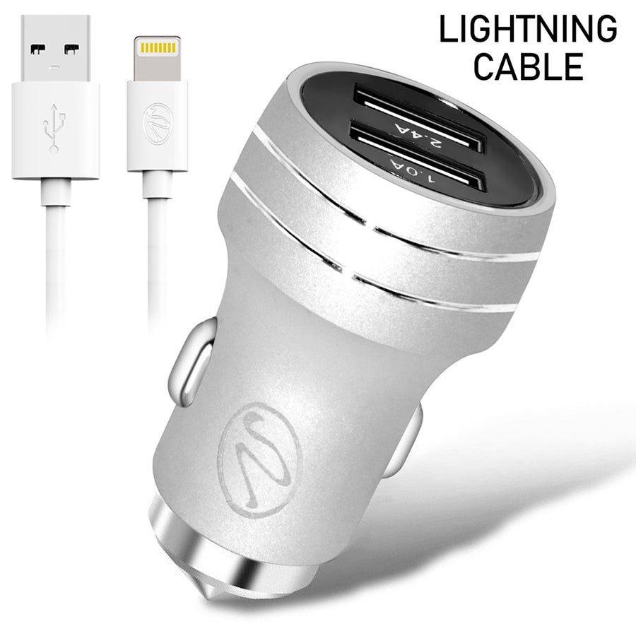 2.4A 2in1 Universal Dual USB Port Travel Car Charger With IPhone USB Cable -Silver Image 1